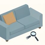 Isometric secondhand couch with a magnifying glass and a flashlight, representing a quick bedbug inspection before buying a used sofa