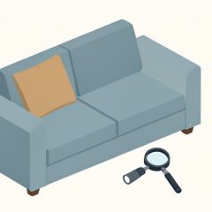 Isometric secondhand couch with a magnifying glass and a flashlight, representing a quick bedbug inspection before buying a used sofa