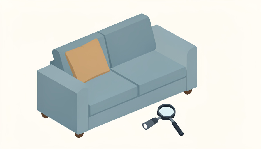 Isometric secondhand couch with a magnifying glass and a flashlight, representing a quick bedbug inspection before buying a used sofa