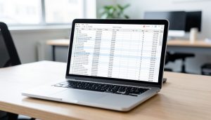 A laptop on a desk showing a spreadsheet of tracking links and columns
