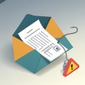Isometric email envelope with a tax form, a phishing hook, a padlock, and a warning triangle, representing a vendor onboarding W-9 scam