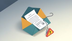 Isometric email envelope with a tax form, a phishing hook, a padlock, and a warning triangle, representing a vendor onboarding W-9 scam