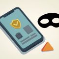Isometric phone showing a product listing with a verified checkmark badge beside a domino mask and a warning sign, representing a verified seller badge that hides a scam