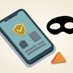 Isometric phone showing a product listing with a verified checkmark badge beside a domino mask and a warning sign, representing a verified seller badge that hides a scam