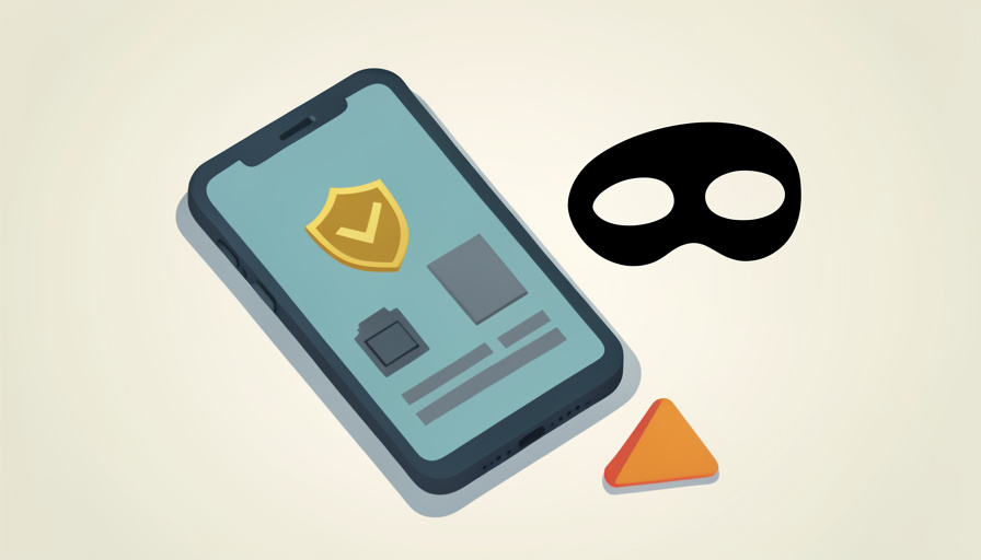 Isometric phone showing a product listing with a verified checkmark badge beside a domino mask and a warning sign, representing a verified seller badge that hides a scam