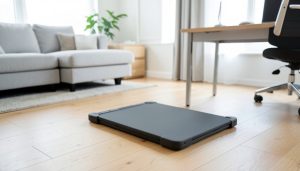 A compact walking pad on a wooden floor in a bright apartment living room next to a desk