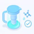 Isometric water filter pitcher with a cartridge, a water droplet, a molecule icon, and a certification checkmark, on comparing water filter pitchers for chloramines