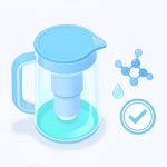 Isometric water filter pitcher with a cartridge, a water droplet, a molecule icon, and a certification checkmark, on comparing water filter pitchers for chloramines