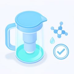 Isometric water filter pitcher with a cartridge, a water droplet, a molecule icon, and a certification checkmark, on comparing water filter pitchers for chloramines