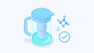 Isometric water filter pitcher with a cartridge, a water droplet, a molecule icon, and a certification checkmark, on comparing water filter pitchers for chloramines