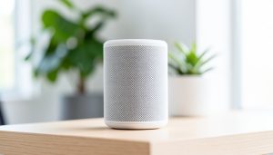 A white cylindrical mesh router node on a shelf in a bright, modern apartment hallway