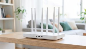 A modern multi-antenna WiFi router on a shelf in a bright apartment living room