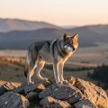 A single gray wolf standing on a ridge in a wide open western landscape at dawn