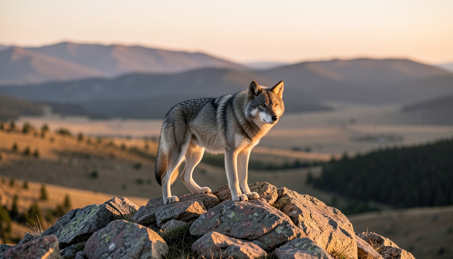 A single gray wolf standing on a ridge in a wide open western landscape at dawn
