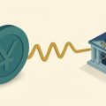 Isometric yen currency symbol beside a wavy volatility line and a small central-bank building with a shield, representing currency intervention and market stability