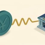 Isometric yen currency symbol beside a wavy volatility line and a small central-bank building with a shield, representing currency intervention and market stability