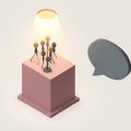 Isometric empty podium with a cluster of microphones under a soft spotlight beside a muted speech bubble, representing an awaited official statement