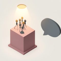 Isometric empty podium with a cluster of microphones under a soft spotlight beside a muted speech bubble, representing an awaited official statement