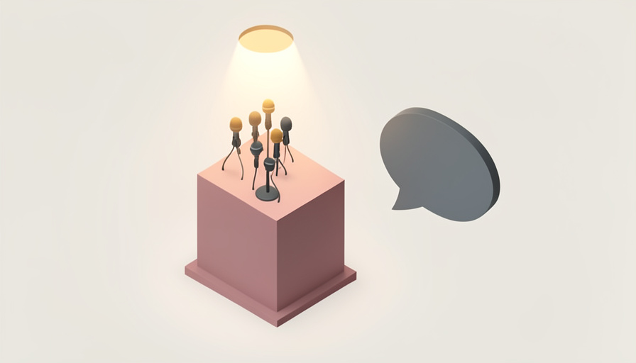 Isometric empty podium with a cluster of microphones under a soft spotlight beside a muted speech bubble, representing an awaited official statement