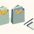 Isometric envelopes holding cash and coins beside a notebook, pen, and two coffee cups, representing envelope budgeting for couples without bank sync
