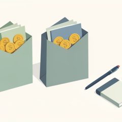 Isometric envelopes holding cash and coins beside a notebook, pen, and two coffee cups, representing envelope budgeting for couples without bank sync