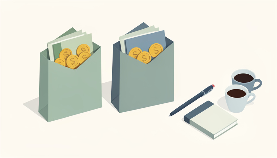 Isometric envelopes holding cash and coins beside a notebook, pen, and two coffee cups, representing envelope budgeting for couples without bank sync