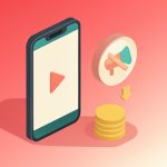 Isometric smartphone playing a video beside a no-ads badge, a price-down arrow, and coins, representing cheaper ad-free YouTube alternatives for students