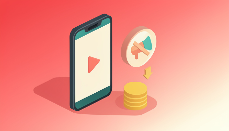 Isometric smartphone playing a video beside a no-ads badge, a price-down arrow, and coins, representing cheaper ad-free YouTube alternatives for students