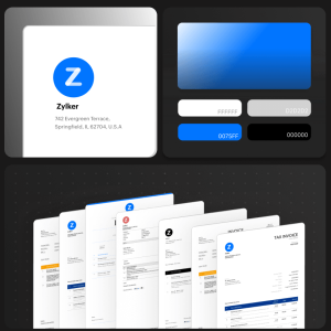 Zoho Invoice template and branding customization showing a business logo, invoice color options, and a fan of ready invoice templates